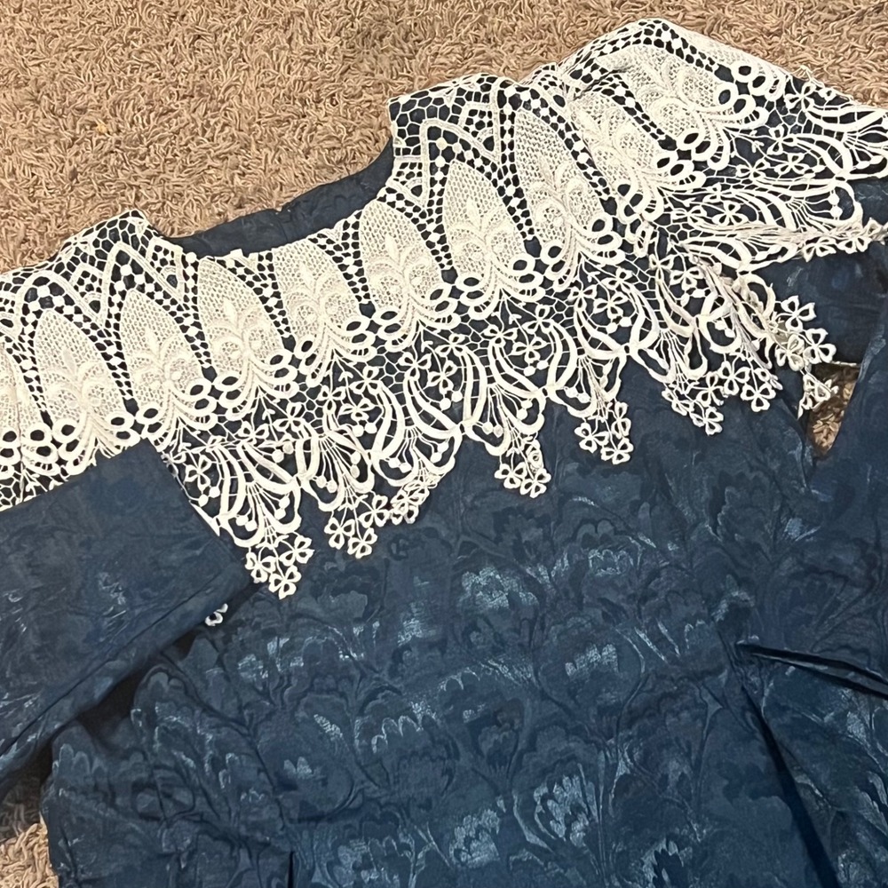 In The Mood Vintage Jacquard‎ Midi Dress Teal Blue Lace Crochet Collar Size 14